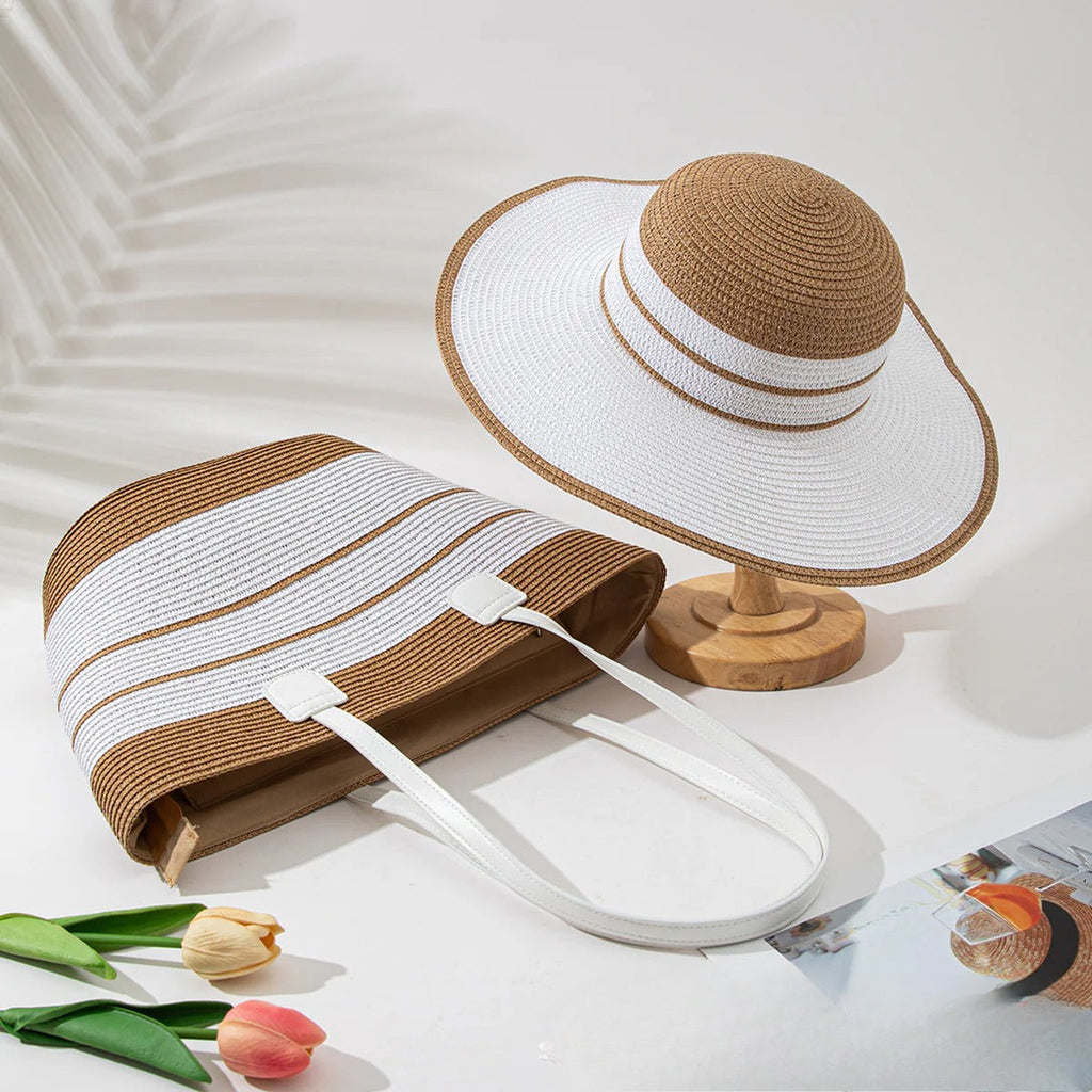 Straw Hat & Tote Set – Beach Vacation Sun Protection Duo, Large Capacity Travel Tote