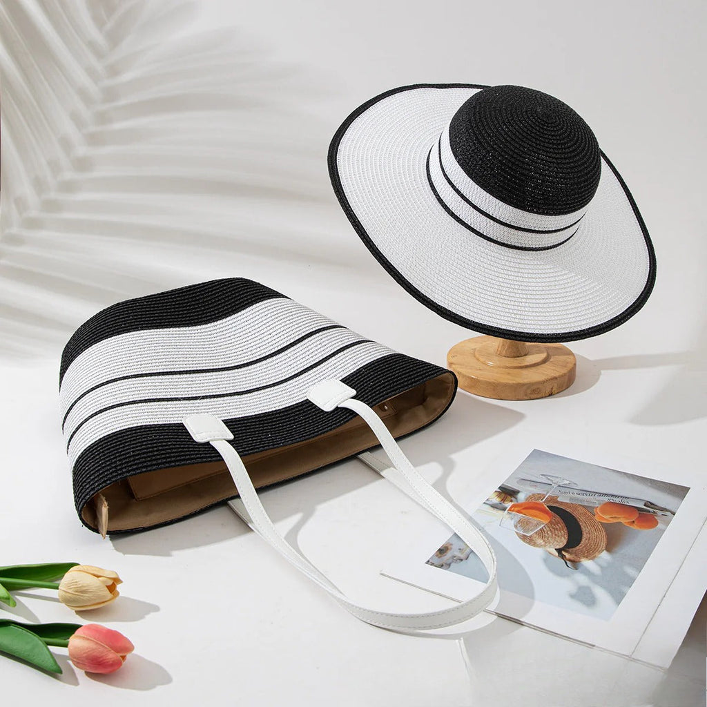 Straw Hat & Tote Set – Beach Vacation Sun Protection Duo, Large Capacity Travel Tote