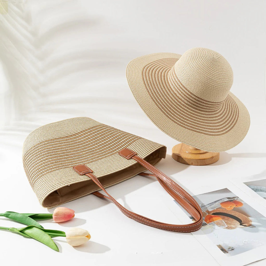 Straw Hat & Tote Set – Beach Vacation Sun Protection Duo, Large Capacity Travel Tote