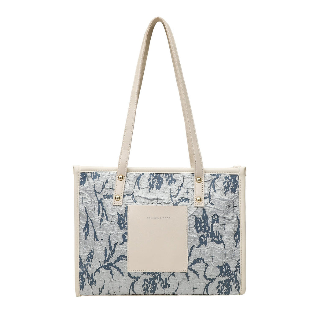 Square tote large capacity bag, women's winter tote bag, printed blue commuter fashion versatile portable shoulder bag