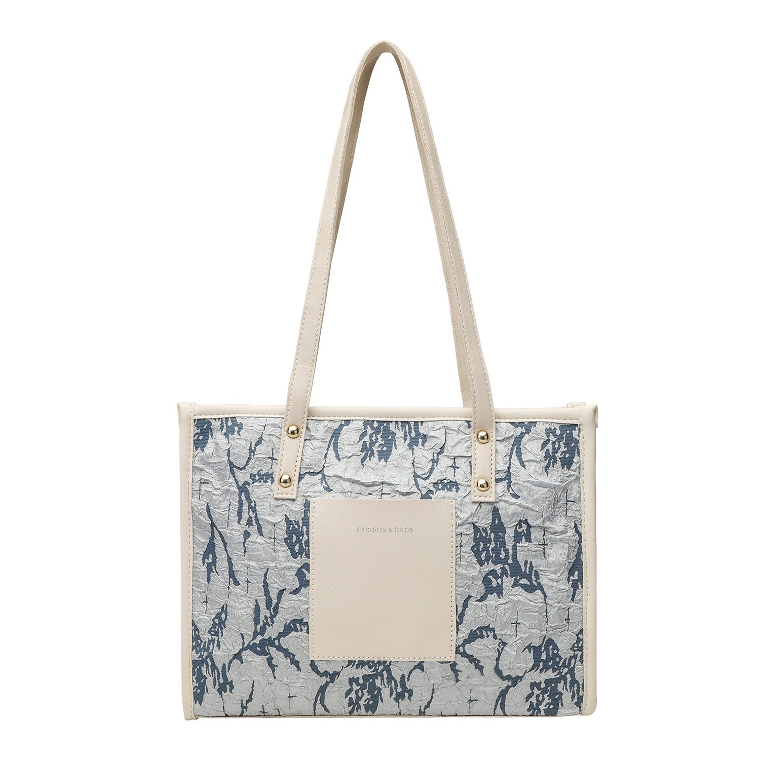 Square tote large capacity bag, women's winter tote bag, printed blue commuter fashion versatile portable shoulder bag
