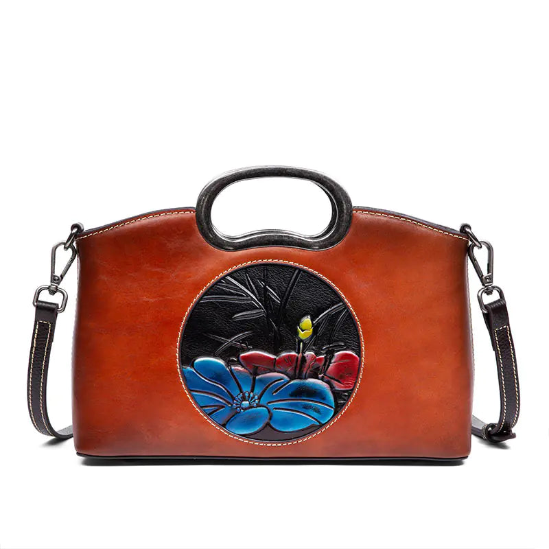 Johnature Vintage Embossed Genuine Leather Handbag